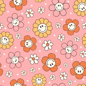Large Scale Happy Autumn Smile Face Daisy Flowers on Harvest Pink