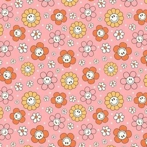 Small Scale Happy Autumn Smile Face Daisy Flowers on Harvest Pink