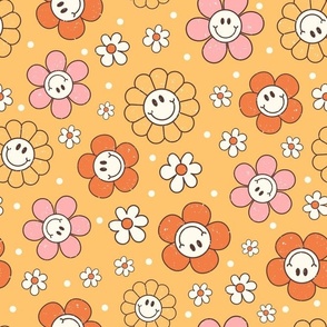 Large Scale Happy Autumn Smile Face Daisy Flowers on Butternut Yellow