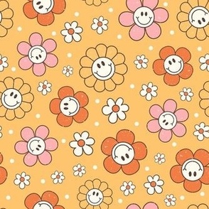 Meidum Scale Happy Autumn Smile Face Daisy Flowers on Butternut Yellow