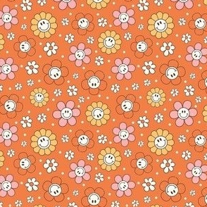 Small Scale Happy Autumn Smile Face Daisy Flowers on Orange Spice