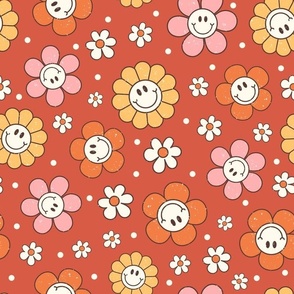 Large Scale Happy Autumn Smile Face Daisy Flowers on Rustic Red