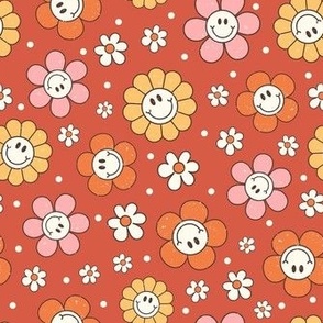 Medium Scale Happy Autumn Smile Face Daisy Flowers on Rustic Red