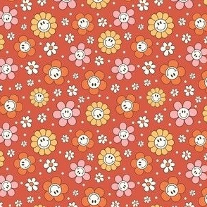 Small Scale Happy Autumn Smile Face Daisy Flowers on Rustic Red