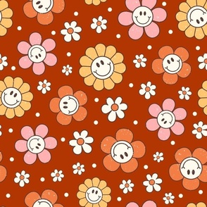 Large Scale Happy Autumn Smile Face Daisy Flowers on Retro Red