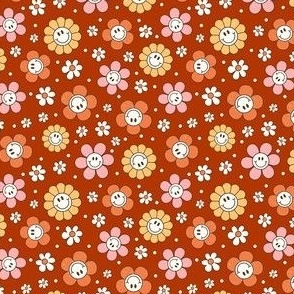 Small Scale Happy Autumn Smile Face Daisy Flowers on Retro Red