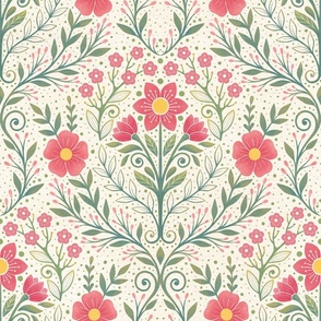 Garden of delicate flowers pink, yellow and green - whimsical - vintage - watercolor 