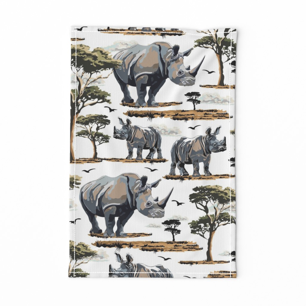 Zoo Animal Rhino Safari Print, African Wild Baby Rhinoceros in the Desert, Green Acacia Trees