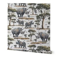 Zoo Animal Rhino Safari Print, African Wild Baby Rhinoceros in the Desert, Green Acacia Trees