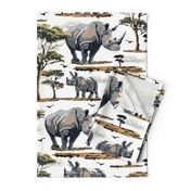 Zoo Animal Rhino Safari Print, African Wild Baby Rhinoceros in the Desert, Green Acacia Trees