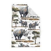 Zoo Animal Rhino Safari Print, African Wild Baby Rhinoceros in the Desert, Green Acacia Trees
