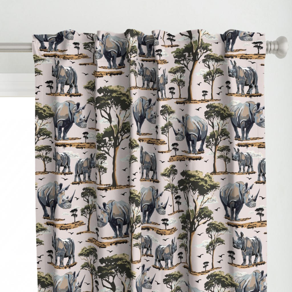 Zoo Animal Rhino Safari Print, African Wild Baby Rhinoceros in the Desert, Green Acacia Trees, Wild Desert Animal, Endangered Wildlife, Natural Habitat, Wildlife Conservation, Roaming Mother Baby Rhinoceros, Pink Gray Green Desert Trees, Wild Animal Natur