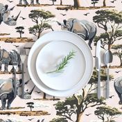 Zoo Animal Rhino Safari Print, African Wild Baby Rhinoceros in the Desert, Green Acacia Trees, Wild Desert Animal, Endangered Wildlife, Natural Habitat, Wildlife Conservation, Roaming Mother Baby Rhinoceros, Pink Gray Green Desert Trees, Wild Animal Natur