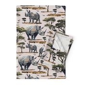 Zoo Animal Rhino Safari Print, African Wild Baby Rhinoceros in the Desert, Green Acacia Trees, Wild Desert Animal, Endangered Wildlife, Natural Habitat, Wildlife Conservation, Roaming Mother Baby Rhinoceros, Pink Gray Green Desert Trees, Wild Animal Natur