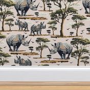 Zoo Animal Rhino Safari Print, African Wild Baby Rhinoceros in the Desert, Green Acacia Trees, Wild Desert Animal, Endangered Wildlife, Natural Habitat, Wildlife Conservation, Roaming Mother Baby Rhinoceros, Pink Gray Green Desert Trees, Wild Animal Natur