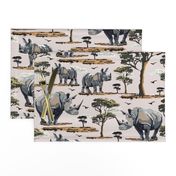 Zoo Animal Rhino Safari Print, African Wild Baby Rhinoceros in the Desert, Green Acacia Trees, Wild Desert Animal, Endangered Wildlife, Natural Habitat, Wildlife Conservation, Roaming Mother Baby Rhinoceros, Pink Gray Green Desert Trees, Wild Animal Natur