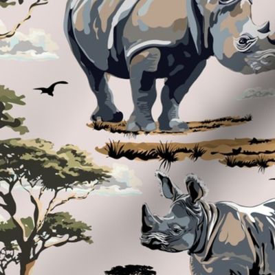 Zoo Animal Rhino Safari Print, African Wild Baby Rhinoceros in the Desert, Green Acacia Trees, Wild Desert Animal, Endangered Wildlife, Natural Habitat, Wildlife Conservation, Roaming Mother Baby Rhinoceros, Pink Gray Green Desert Trees, Wild Animal Natur