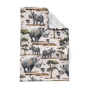 Zoo Animal Rhino Safari Print, African Wild Baby Rhinoceros in the Desert, Green Acacia Trees, Wild Desert Animal, Endangered Wildlife, Natural Habitat, Wildlife Conservation, Roaming Mother Baby Rhinoceros, Pink Gray Green Desert Trees, Wild Animal Natur