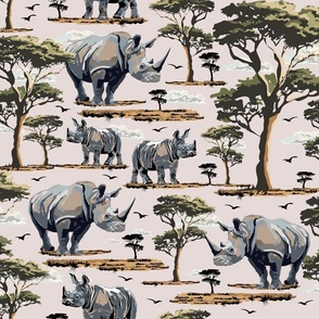 Zoo Animal Rhino Safari Print, African Wild Baby Rhinoceros in the Desert, Green Acacia Trees (Large Scale)