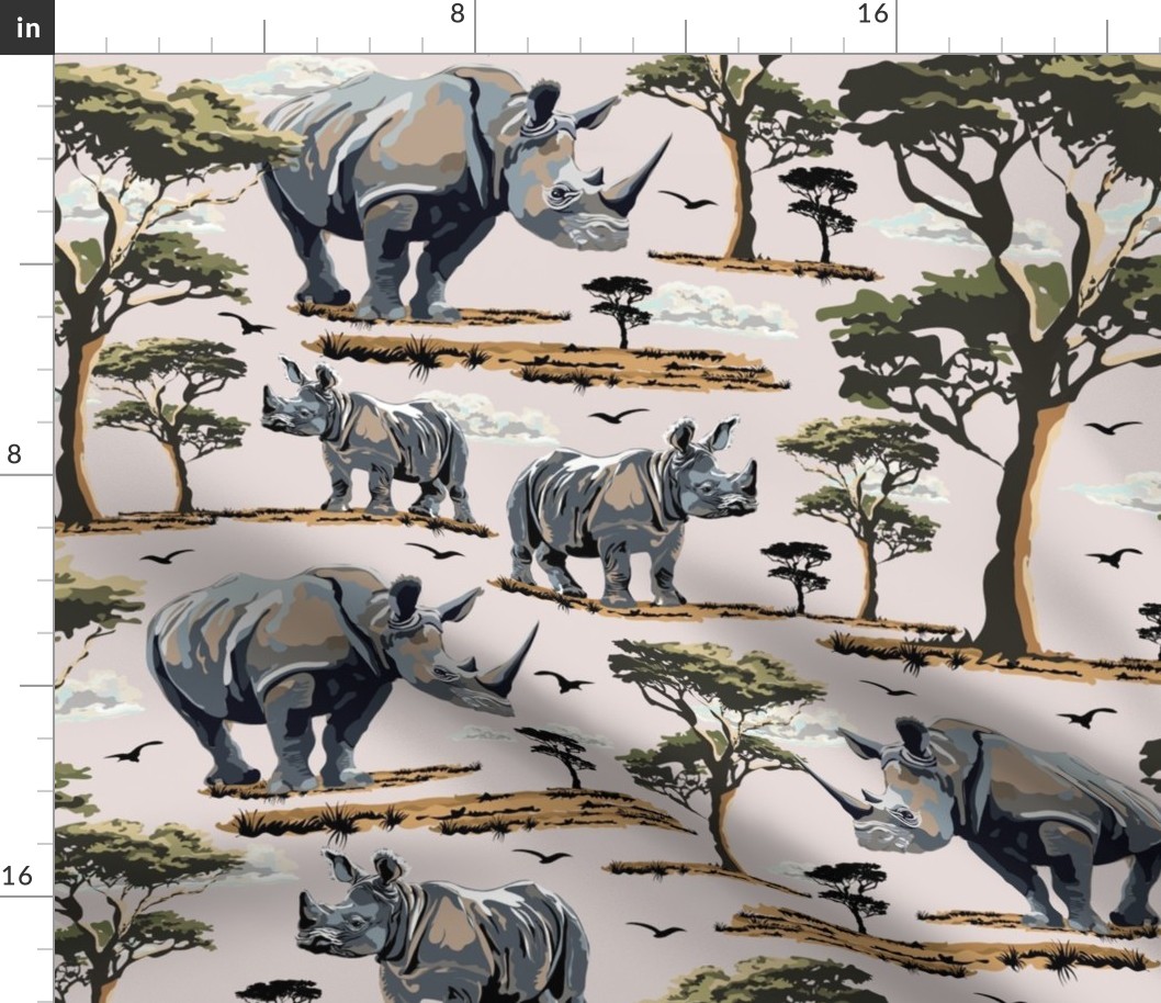 Zoo Animal Rhino Safari Print, African Wild Baby Rhinoceros in the Desert, Green Acacia Trees, Wild Desert Animal, Endangered Wildlife, Natural Habitat, Wildlife Conservation, Roaming Mother Baby Rhinoceros, Pink Gray Green Desert Trees, Wild Animal Natur
