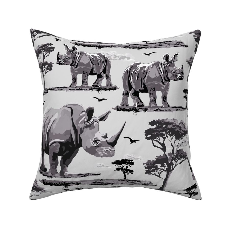 Black and White Rhinoceros in the Desert, Baby Zoo Animal Rhino Safari Print, African Wild Green Acacia Trees