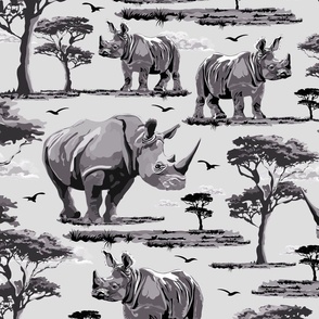 Black and White Rhinoceros in the Desert, Baby Zoo Animal Rhino Safari Print, African Wild Green Acacia Trees