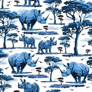 Blue and White Rhino in the Desert, Baby Zoo Animal Rhinoceros Safari Print, African Wild Green Acacia Trees