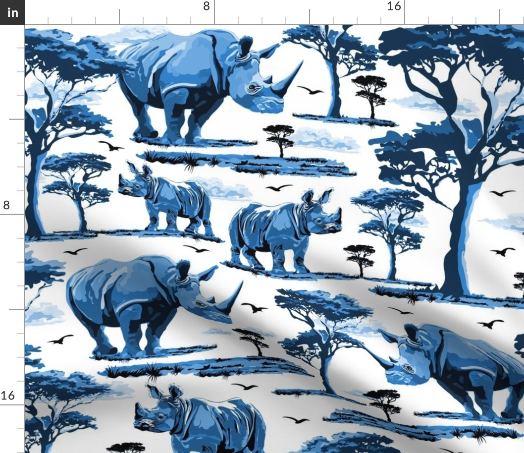 Blue and White Rhino in the Desert, Baby Zoo Animal Rhinoceros Safari Print, African Wild Green Acacia Trees