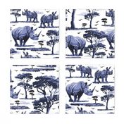 Blue and White Rhino in the Wild, Baby Zoo Animal Rhinoceros Calf Safari Print, African Wild Green Acacia Trees