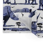 Blue and White Rhino in the Wild, Baby Zoo Animal Rhinoceros Calf Safari Print, African Wild Green Acacia Trees