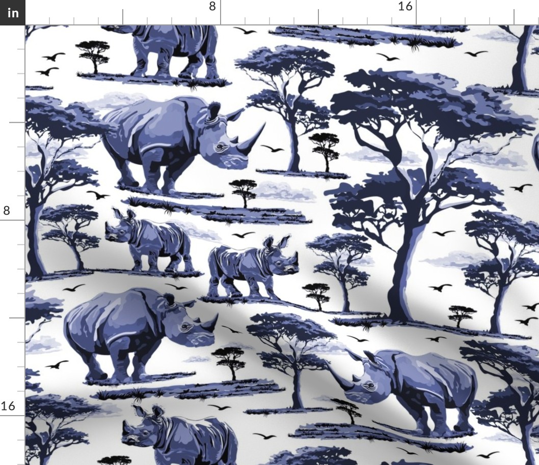 Blue and White Rhino in the Wild, Baby Zoo Animal Rhinoceros Calf Safari Print, African Wild Green Acacia Trees