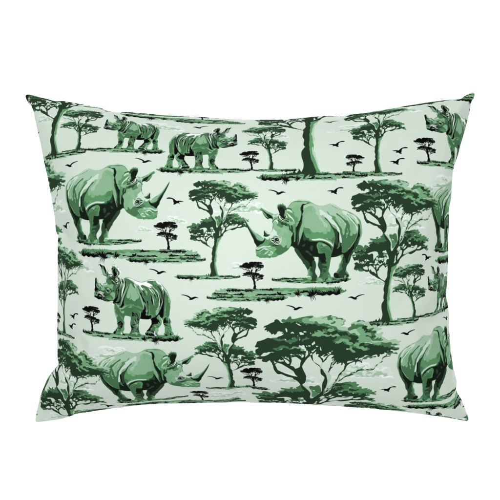 Green and White Toile Animal in the Wild, Rhino Zoo Animal, Baby Rhinoceros Calf Safari Print, African Wild Green Acacia Trees