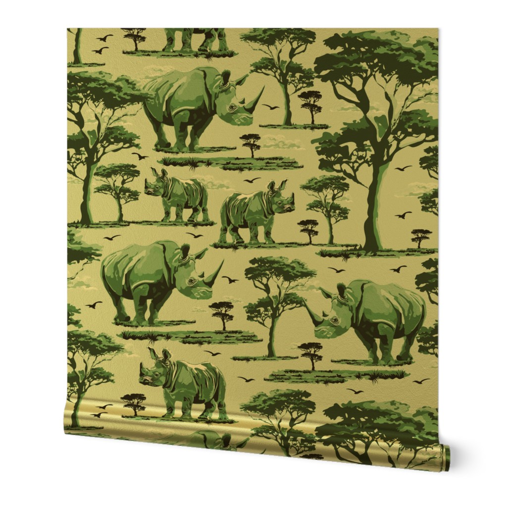 Green and White Toile Animal in the Wild, Rhino Zoo Animal, Baby Rhinoceros Calf Safari Print, African Wild Green Acacia Trees