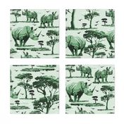 Green and White Toile Animal in the Wild, Rhino Zoo Animal, Baby Rhinoceros Calf Safari Print, African Wild Green Acacia Trees