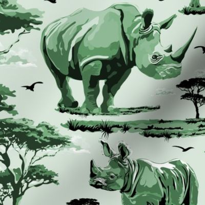 Green and White Toile Animal in the Wild, Rhino Zoo Animal, Baby Rhinoceros Calf Safari Print, African Wild Green Acacia Trees