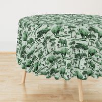 Green and White Toile Animal in the Wild, Rhino Zoo Animal, Baby Rhinoceros Calf Safari Print, African Wild Green Acacia Trees