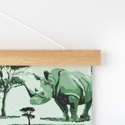 Green and White Toile Animal in the Wild, Rhino Zoo Animal, Baby Rhinoceros Calf Safari Print, African Wild Green Acacia Trees