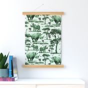 Green and White Toile Animal in the Wild, Rhino Zoo Animal, Baby Rhinoceros Calf Safari Print, African Wild Green Acacia Trees