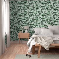 Green and White Toile Animal in the Wild, Rhino Zoo Animal, Baby Rhinoceros Calf Safari Print, African Wild Green Acacia Trees