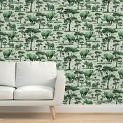 Green and White Toile Animal in the Wild, Rhino Zoo Animal, Baby Rhinoceros Calf Safari Print, African Wild Green Acacia Trees