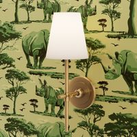 Green and White Toile Animal in the Wild, Rhino Zoo Animal, Baby Rhinoceros Calf Safari Print, African Wild Green Acacia Trees