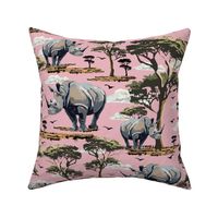 Pink Animal Safari Pattern in the Wild, Rhino Zoo Animal, Rhinoceros Print, African Wild Green Acacia Trees