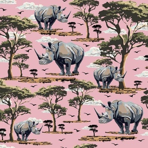 Pink Animal Safari Pattern in the Wild, Rhino Zoo Animal, Rhinoceros Print, African Wild Green Acacia Trees
