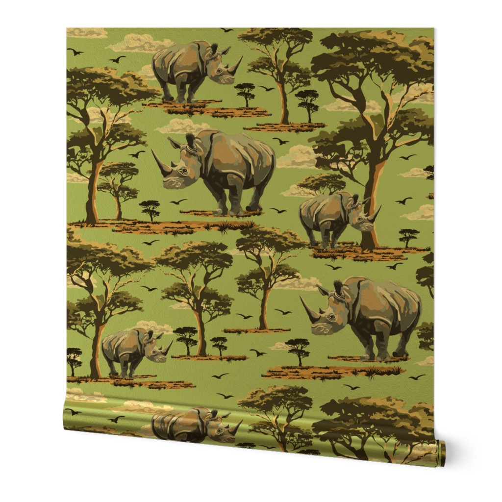 Green Animal Safari Pattern in the Wild, Rhino Zoo Animal, Rhinoceros Print, African Wild Green Acacia Trees (Large Scale)