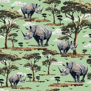 Green Animal Safari Pattern in the Wild, Rhino Zoo Animal, Rhinoceros Print, African Wild Green Acacia Trees (Large Scale)