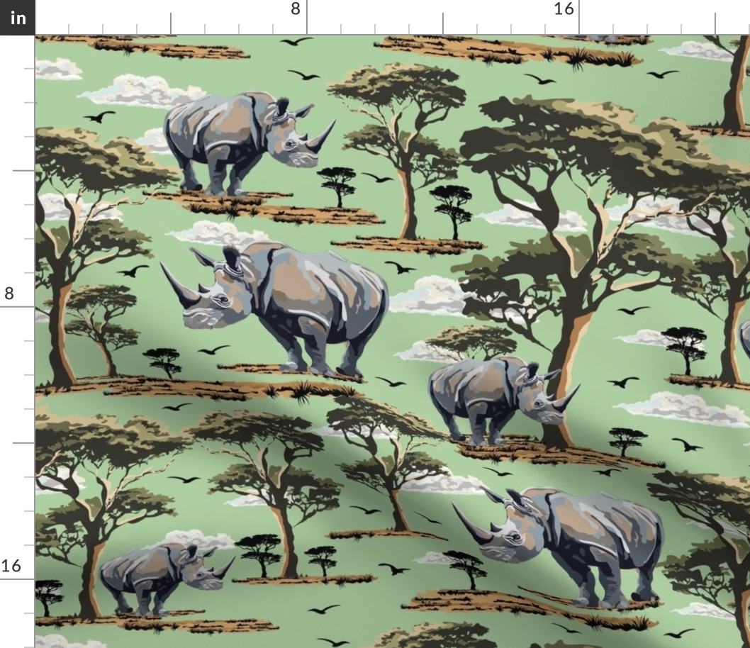 Green Animal Safari Pattern in the Wild, Rhino Zoo Animal, Rhinoceros Print, African Wild Green Acacia Trees (Large Scale)