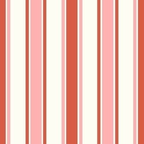 Medium Scale French Ticking Vertical Stripes Happy Fall Y'All Harvest Pink and Rustic Red on Ivory Cream