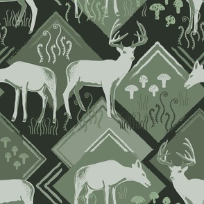 Cabincore Deer in Mushrooms & Ferns - Deep Forest Monochromatic - Jumbo