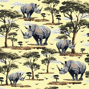 Yellow Wild Animal Safari Pattern, Rhino Zoo Animal, Rhinoceros Print, African Wilderness Green Acacia Trees