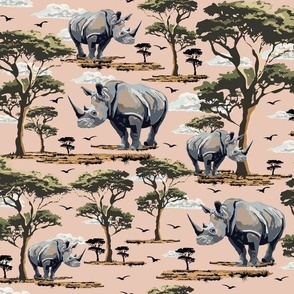 Wild Animal Rhino on Safari Pattern, Endangered Species, Rhinoceros Print, African Wilderness Green Acacia Trees